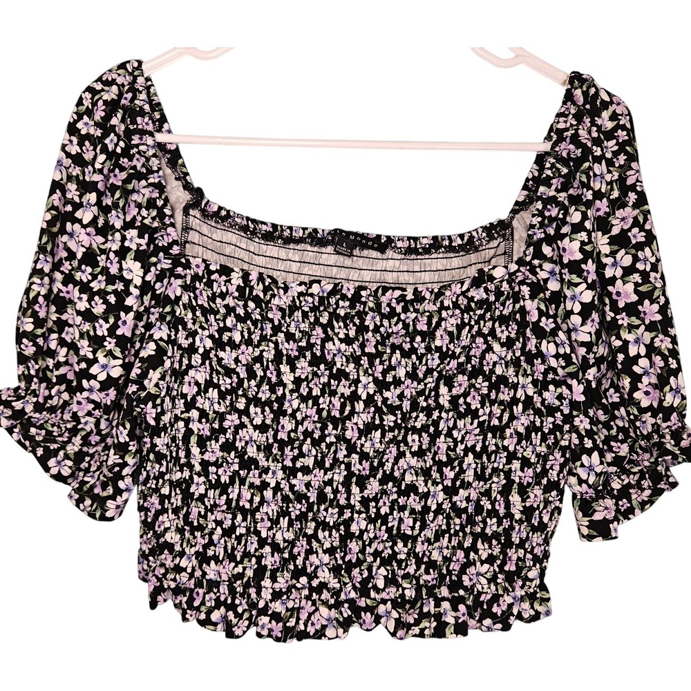 Haute Monde Floral Smocked Puff Sleeve Crop Top Size L Festival Coquette Summer‎